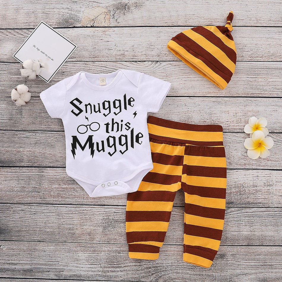 3-piece Letters Print Bodysuit Stripes Pants with Hat for Baby